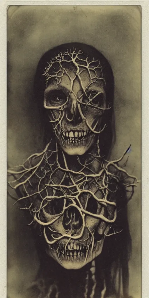 Image similar to an 1 9 1 0 polaroid photography of a very sad and detailed rotten woman corpse with fractal coral reefs and ornate growing around her face muscles, veins, arteries, bones, anatomical, skull, eye, ears, full body, intricate, surreal, ray caesar, john constable, guy denning, dan hillier, black and white
