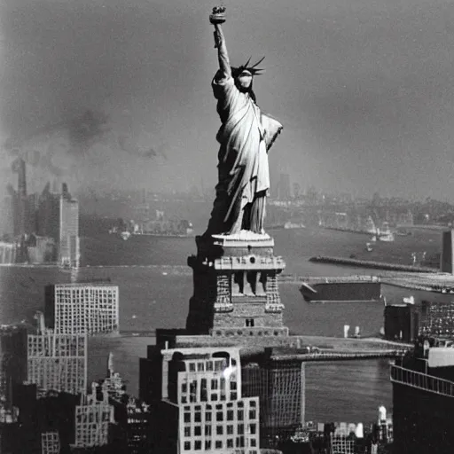 Image similar to statue of liberty attacking new york, chaos, fire