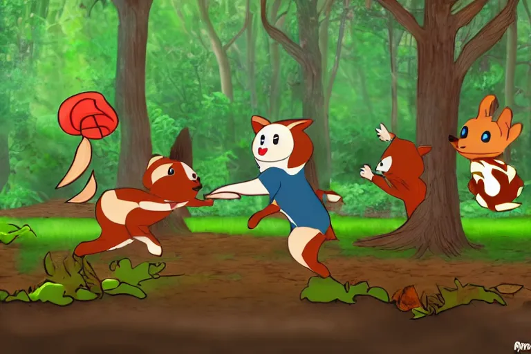 Image similar to 2 woodland creatures fighting, bullet time, woodland setting