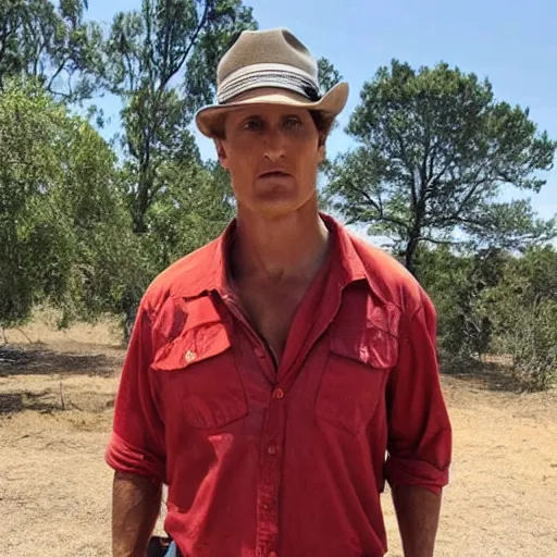 Prompt: a man who is a combination of woody Harrelson and Mathew McConaughey is wearing a red bandana and trying to sell you a tent trailer