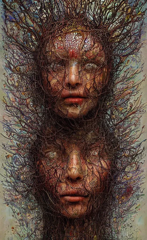 Image similar to beautiful psychedelic shaman covered in amanita mushrooms in the style of peter gric