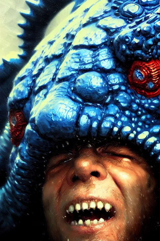 Image similar to blue shin - godzilla wearing a propeller cap hat, extreme close up detailed face portrait dnd, painting by gaston bussiere, craig mullins, greg rutkowski, yoji shinkawa