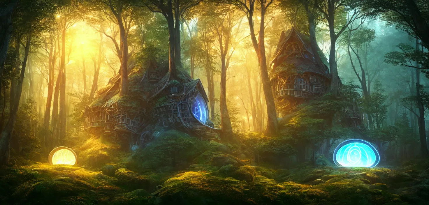 Image similar to random mystic forest house landscape, big round glowing multicoloured portal house, central symmetrical composition, incredible, vector art, octane render, fabulous, hyper detailed, random cinematic view, no noise, global illumination, warm lighting, volumetric, godrays, vivid, beautiful, by jordan grimmer