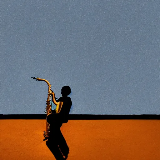 Prompt: a woman playing the saxophone on the roof of a building while it's raining, paint, golden hour