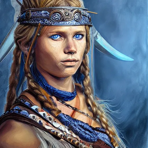 Prompt: highly detailed painting of a viking warrior goddess woman, maldivian, blue eyes, high fantasy art by jon foster trending on arstation