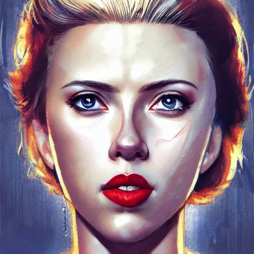 Image similar to captain america played by by scarlett johansson wearing atompunk outfit, face portrait, hd shot, digital portrait, elegant, beautiful, fantasy art, artstation, comic style, by artgerm, guy denning, jakub rozalski, magali villeneuve and charlie bowater