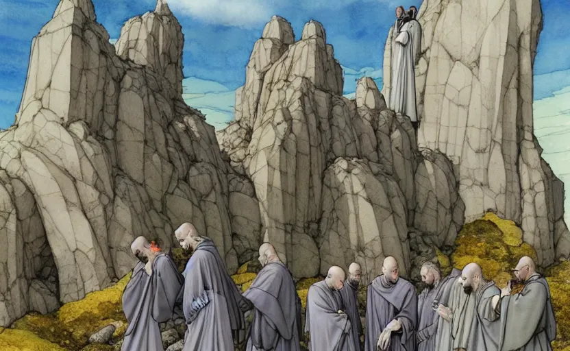 Image similar to a hyperrealist watercolour concept art of a group of medieval monks in grey robes pointing up at a large stone monument floating in the sky. by rebecca guay, michael kaluta, charles vess and jean moebius giraud. high detail, hq, wide shot