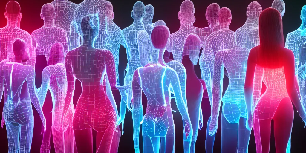 Image similar to diverse groups of humans with glowing electronic body implants projecting amazing 3D graphics, from behind, rebirth, beauty, wide angle, elaborate, wet, highly detailed, colors, beautiful lighting