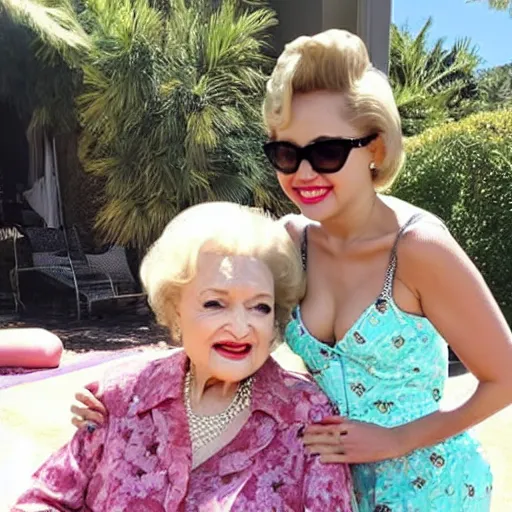 Image similar to betty white sunbathing with miley cyrus