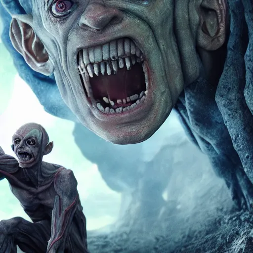 Prompt: gollum as a titan, attack on titan, realistic extremely detailed photo style painting, granular detail, holographic krypton ion, octane render, 4 k, f 3 2, 5 5 mm photography, wide angle