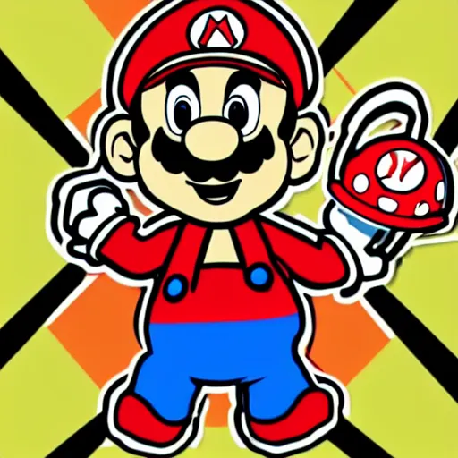 Image similar to svg sticker of a Pop-Wonder SuperMario, Mario-Wearing-a-red-hat, at a rave, spinning records, giant headphones rocking out, wearing headphones, huge speakers, dancing, rave, DJ, spinning records, digital art, amazing composition, rule-of-thirds, award-winning, trending on artstation, featured on deviantart