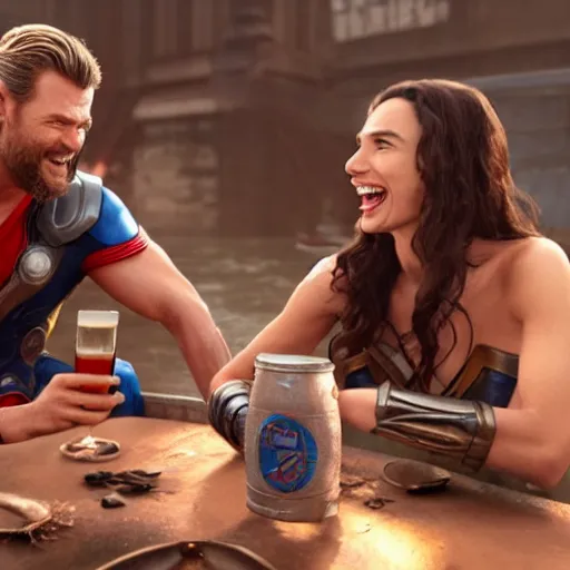 Image similar to cinematic film scene of Thor Chris Hemsworth and wonder woman gal gadot laughing having a beer, MCU, photo realistic, ultra detailed, trending on artstation, concept art, unreal engine render, 16k
