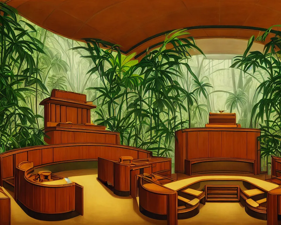 Image similar to an art deco courtroom in the rainforest by raphael and hopper. hyperdetailed, proportional, romantic, enchanting, achingly beautiful, graphic print, trending on artstation, jungle, tropical, foliage