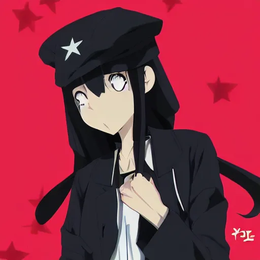 Prompt: anime girl wearing large black beret, black shirt with red star, smug grin, cel - shading, 2 0 0 1 anime, flcl, jet set radio future, golden hour, japanese town, concentrated buildings, japanese neighborhood, electrical wires, cel - shaded, strong shadows, vivid hues, y 2 k aesthetic