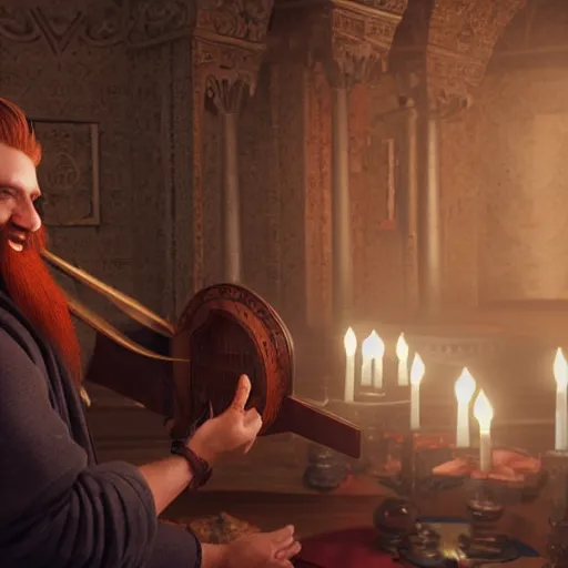 Prompt: fit, red - haired, bearded male in a grey tunic playing a lyre, inside of a candle lit temple, norse god odin, smiling, beside him, bright atmosphere, hyper realistic, photo realistic, movie still, unreal engine, high octane render, 8 k