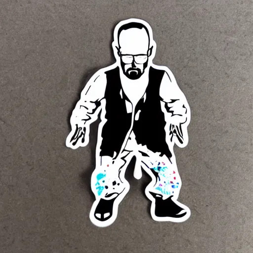 Image similar to die cut sticker, walter white breakdancing, splatter paint