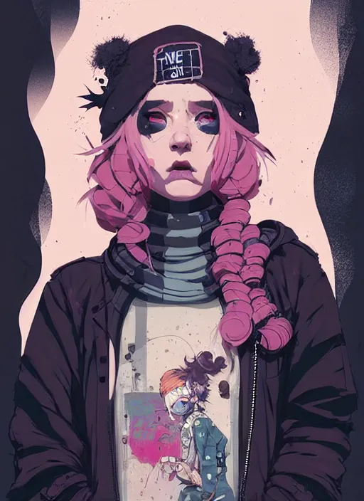Prompt: highly detailed portrait of a sewer punk lady, tartan hoody, blonde ringlet hair by atey ghailan, by greg rutkowski, by greg tocchini, by james gilleard, by joe fenton, by kaethe butcher, gradient magenta, black, blonde cream and white color scheme, grunge aesthetic!!! ( ( graffiti tag wall background ) )