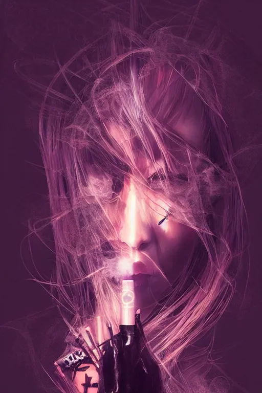 Image similar to Gothic girl smoking a fractal cigarette, dark background. digital art. amazing quality. perfect lighting. Professional design. Great composition. by Bill Sienkiewicz and Tomoyuki Yamasaki and Tsutomu Nihei, octane render, award winning art. impressive colors. trending on artstation. by RHADS