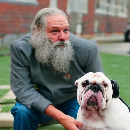 Image similar to Buddy the graying middle aged homeless man holding an xbox controller next to a crowned royalty english bulldog, photo by Wes Anderson