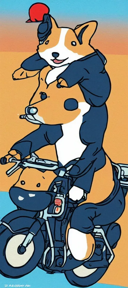 Image similar to A cute corgi riding a motorcycle in the style of Hiroshi Nagai