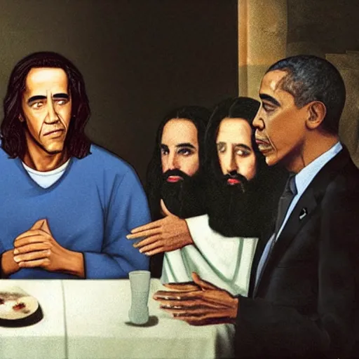 Image similar to jesus and obama having a discussion with jerry seinfeld at the last supper in a cafe