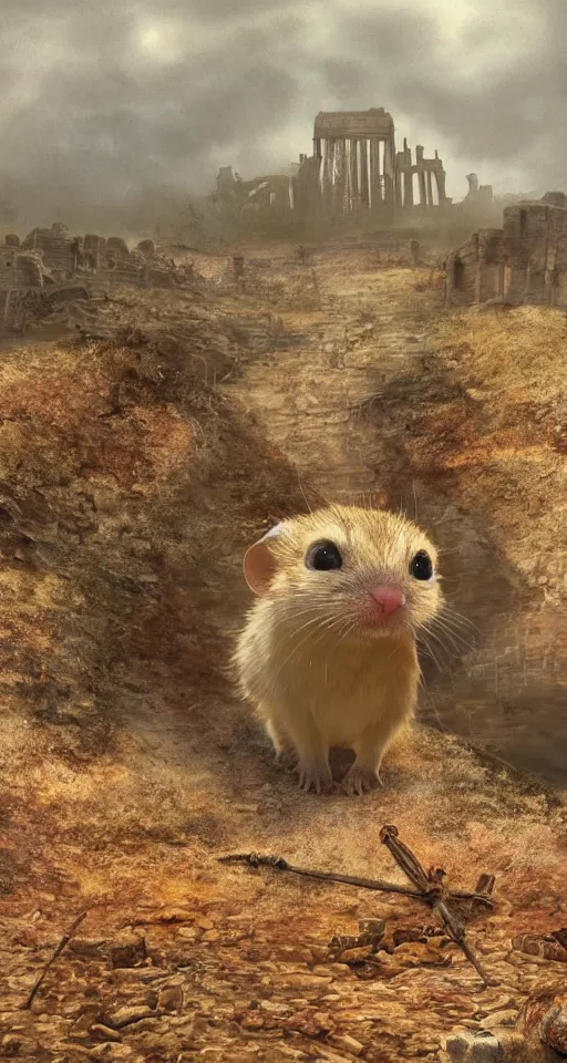 Image similar to close - up selfie shot of dwarf fat - tailed jerboa with rusty broken building constructions of a giant staircase for multiple cases, leading to the sky, the ruins, in the steppe, autumn field, misty background, from the game pathologic 2, highly detailed, sharp focus, matte painting, by isaac levitan and asher brown durand,