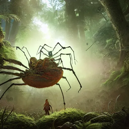 Image similar to an ugly giant spider, beautiful, realistic, atmosphere, vibe, forest, lot of trees, fern, flowers, concept art illustration, color page, tone mapping, akihiko yoshida, james jean, andrei riabovitchev, marc simonetti, digital illustration, greg rutowski, volumetric lighting, sunbeams, particles