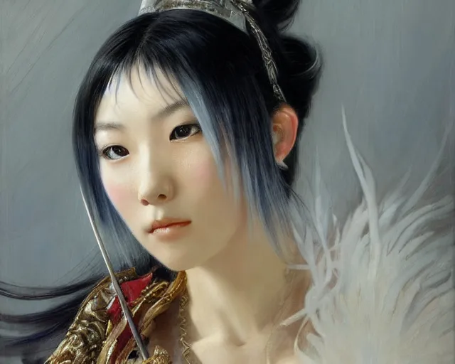 Image similar to a young japanese princess lady with white hair and bangs!!!!, posing with a sword, white hair highly detailed painting by gaston bussiere, craig mullins, j. c. leyendecker 8 k