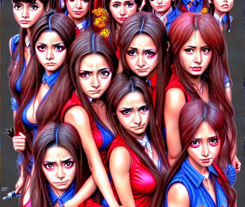 Image similar to richly detailed colored pencil 3D illustration of the female students of the Mexican telenovela called Rebelde who are resigned to their fate of being engulfed by an evil toad demon. surreal art by Range Murata and Artgerm.