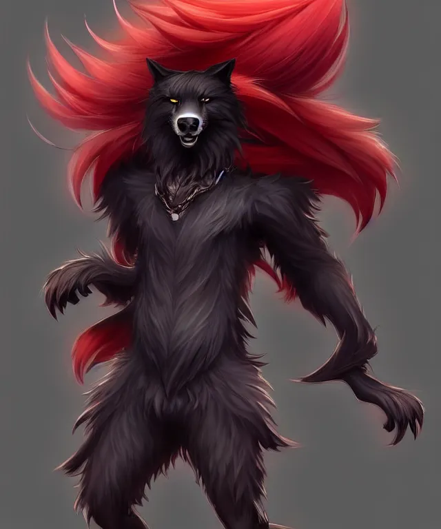 Image similar to character concept art of a black anthropomorphic male furry wolf long red hair | | cute - fine - face, pretty face, key visual, realistic shaded perfect face, fine details by stanley artgerm lau, wlop, rossdraws, james jean, andrei riabovitchev, marc simonetti, and sakimichan, trending on artstation