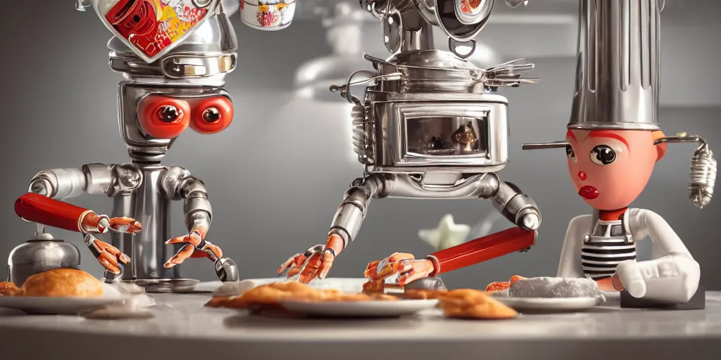 Image similar to closeup portrait of tin toy retro robot chef cooking pastry in a kitchen, depth of field, zeiss lens, detailed, centered, fashion photoshoot, by nicoletta ceccoli, mark ryden, lostfish, breathtaking, 8 k resolution, extremely detailed, beautiful, establishing shot, artistic, hyperrealistic, octane render