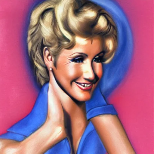 Prompt: Olivia Newton-John as Sandy from Grease (1978), smiling, pencil drawing. El Greco, Remedios Varo, Salvador Dali, Carl Gustav Carus, John Atkinson Grimshaw. Blue tint. Symetrical, logo, geometric shapes.