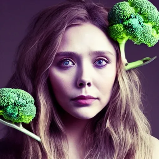 Prompt: elizabeth olsen has a [ [ head made of broccoli for a face ] ]!!, trending on cgsociety, 4 k quality, intricate