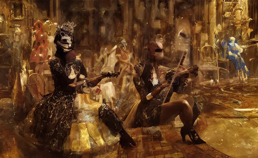 Image similar to craig mullins and ghibli digital art of on the stage of the theater, a masked female violinist performs solo, dressed in exotic costumes, gold jewelry, and black hair realistic shading, cinematic composition, realistic render, octane render, detailed textures, photorealistic, wide shot