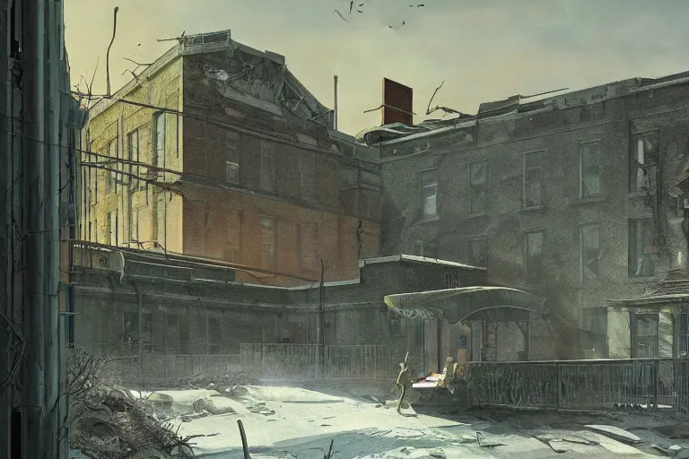 Prompt: detailed ultra - realistic graphic novel illustration of postapocalyptic abandoned schoolyard by edward hopper and gregory crewdson, cinematic, full shot, george adult, carel willink, ian miller, wayne barlowe, greg rutkowski