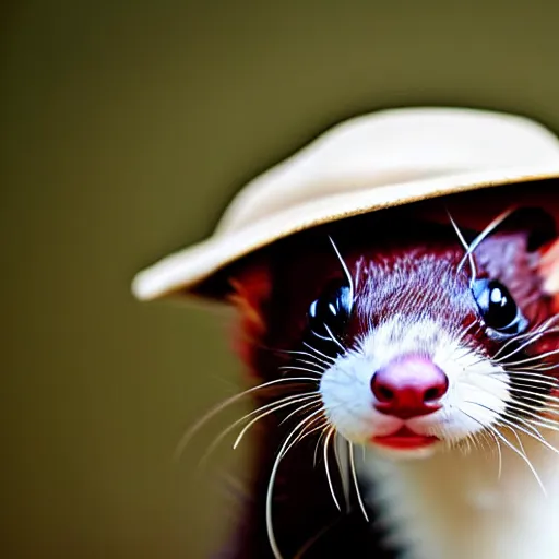 Image similar to Close up of a ferret wearing a funny hat, photo realistic, dramatic lighting, Nat Geo award winner, 100mm lens, bokeh