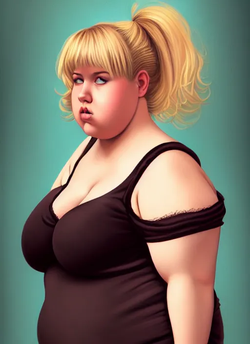 Image similar to full body portrait, teenage betty cooper, blonde hair, obese, bangs, ponytail, sultry, realistic, sultry smirk, fluffy bangs, curly bangs, fat, belly, beautiful girl, intricate, elegant, highly detailed, digital painting, artstation, concept art, smooth, sharp focus, illustration, art by wlop, mars ravelo and greg rutkowski