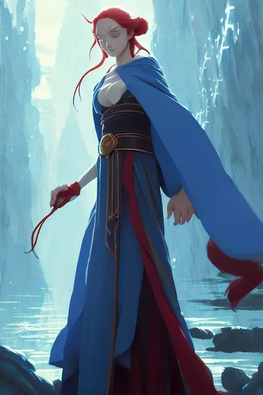 Image similar to elf female sorcerer doing water magic spells, blue robes, red hair, finely detailed perfect face, exquisite details, mid view, design on a white background, by studio muti, greg rutkowski makoto shinkai takashi takeuchi studio ghibli