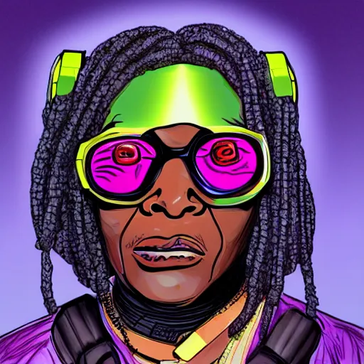 Image similar to cyberpunk robotic whoopi goldberg, sharp lines, digital, artstation, colored in