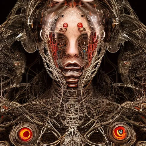 Image similar to timeless cybernetic deity with circuitry skin and networked mind tripping on acid, intricate detail, royo, whealan, giger, klimt, hd, octane render, unreal engine,