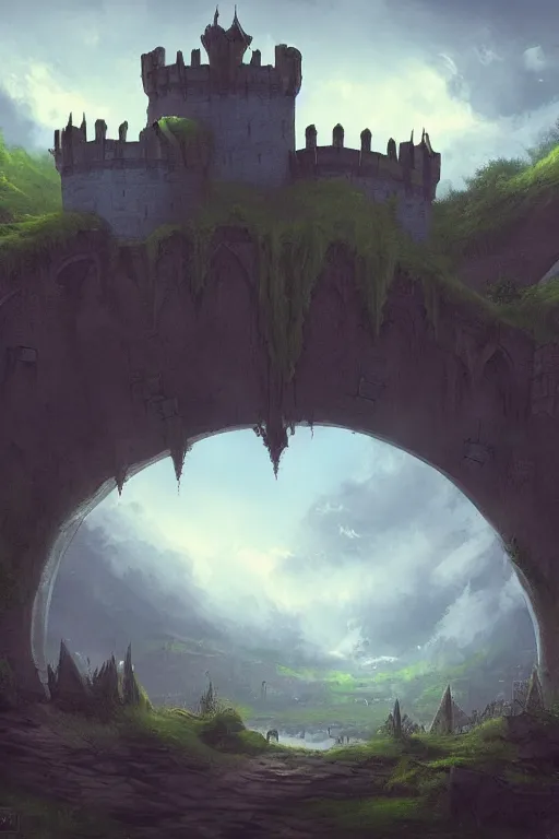 Prompt: hills bridge moat castle concept art gothic fantasy sky, andreas rocha style