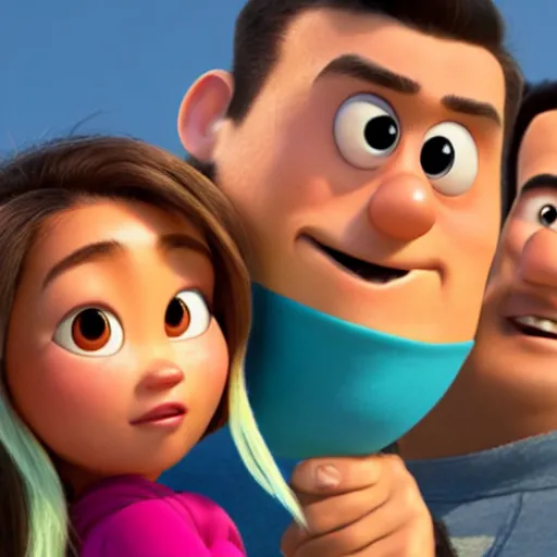 Image similar to young beautiful athletic Filipino woman with long hair and a handsome caucasian athletic thin man with short buzzed hair, high widows peak, stubble on his face, both depicted as Pixar characters, high quality cg render