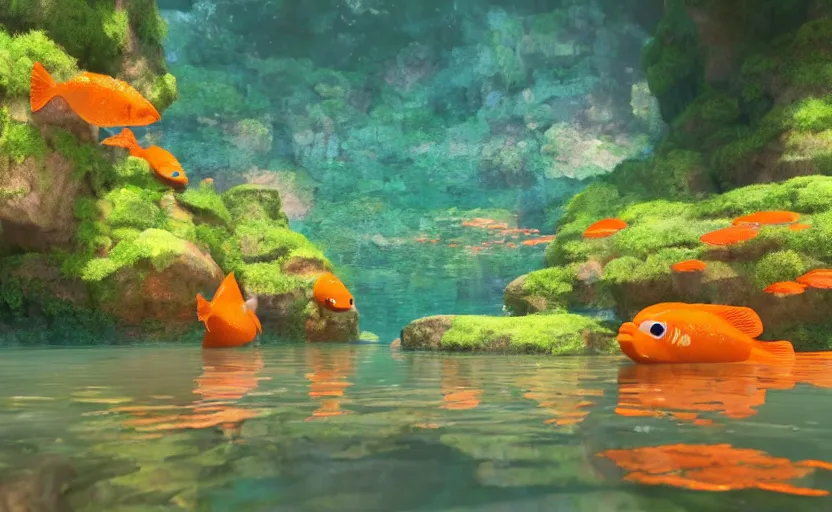 Image similar to a cave lake with some big orange fish inside, studio ghibli, pixar style, octane render, unreal engine 5, path traced, highly detailed, high quality, 8 k, soft lighting, godrays, complementary colors, natural lighting, water parallax, serene landscape, beautiful, elegant, digital painting