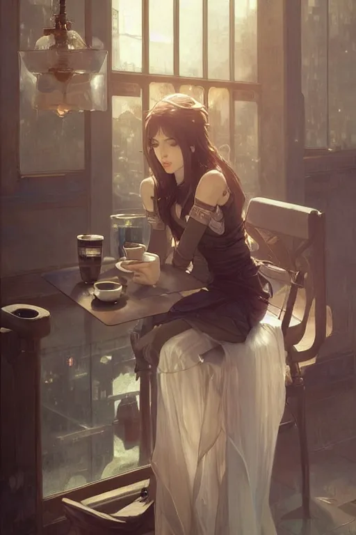 Image similar to an attractive serene cute android in a cafe, partially human , partially biomedical design , natural atmosphere, great high details, highly reaslitic, cinematic lighting, intricate, elegant, super highly detailed, art station, concept arD, beautiful, delicate, art by artgerm and greg rutkowski and alphonse mucha and loish and WLOP