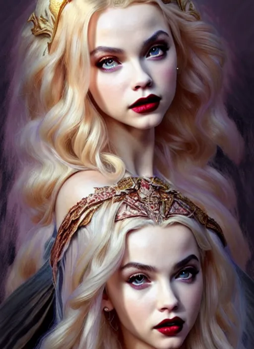 Image similar to ultra realistic illustration, a stunningly beautiful greek gothic goddess of chaos played by jordyn jones and dove cameron and margot robbie and taylor swift and megan fox, intricate, elegant, highly detailed, digital painting, artstation, concept art, smooth, sharp focus, illustration, art by artgerm and greg rutkowski and alphonse mucha