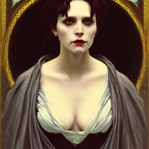 Image similar to portrait of a lady vampire, 35mm, 1800s, depth of field, DOF, ominous, sharp, highly detailed, photorealistic, realistic, unreal 5, high definition, 8k, deviantart, donato giancola, irwin penn, Alphonse Mucha