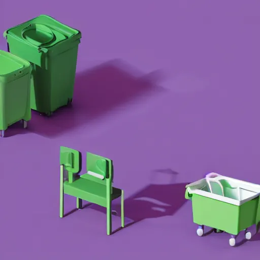 Prompt: isometric minimalistic backroom with pepe the frog and trashcans, cinema 4 d, 1 0 0 0 mm, purple and green scheme depth of field, octane render, studio lighting