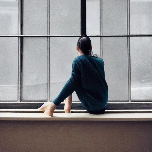 Image similar to a woman sitting on a window sill looking forward out the window, hands on cheeks, grey sweater, a stock photo by chen jiru, tumblr, aestheticism, movie still, pretty, pixiv