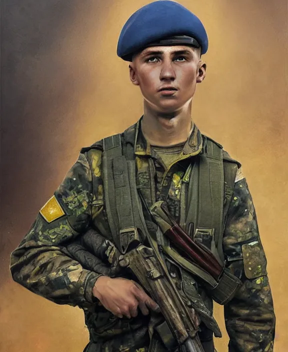 Prompt: portrait of a handsome young ukrainian soldier in kyiv, art by denys tsiperko and bogdan rezunenko, hyperrealism