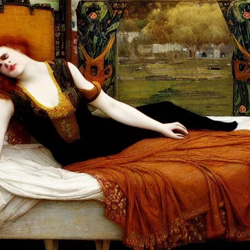 Prompt: preraphaelite photography reclining on bed, a hybrid of a hybrid of judy garland and lady gaga and a hybrid of anne hathaway and liza minelli, aged 2 5, big brown fringe, wide shot, yellow ochre ornate medieval dress, john william waterhouse, kilian eng, rosetti, john everett millais, william holman hunt, william morris, 4 k